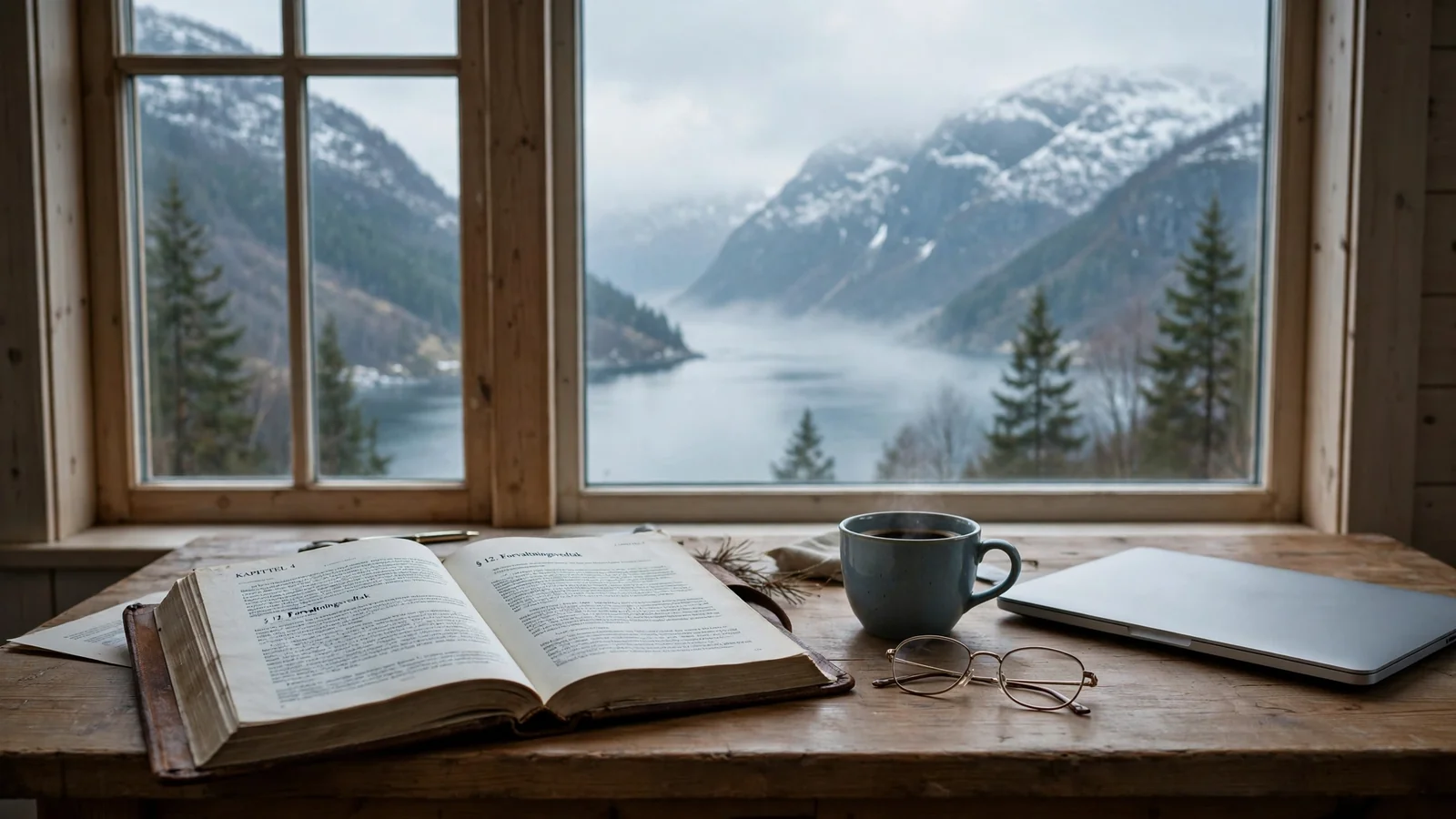 Skrivebord med juridisk bok og kaffekopp ved vindu mot norsk fjord