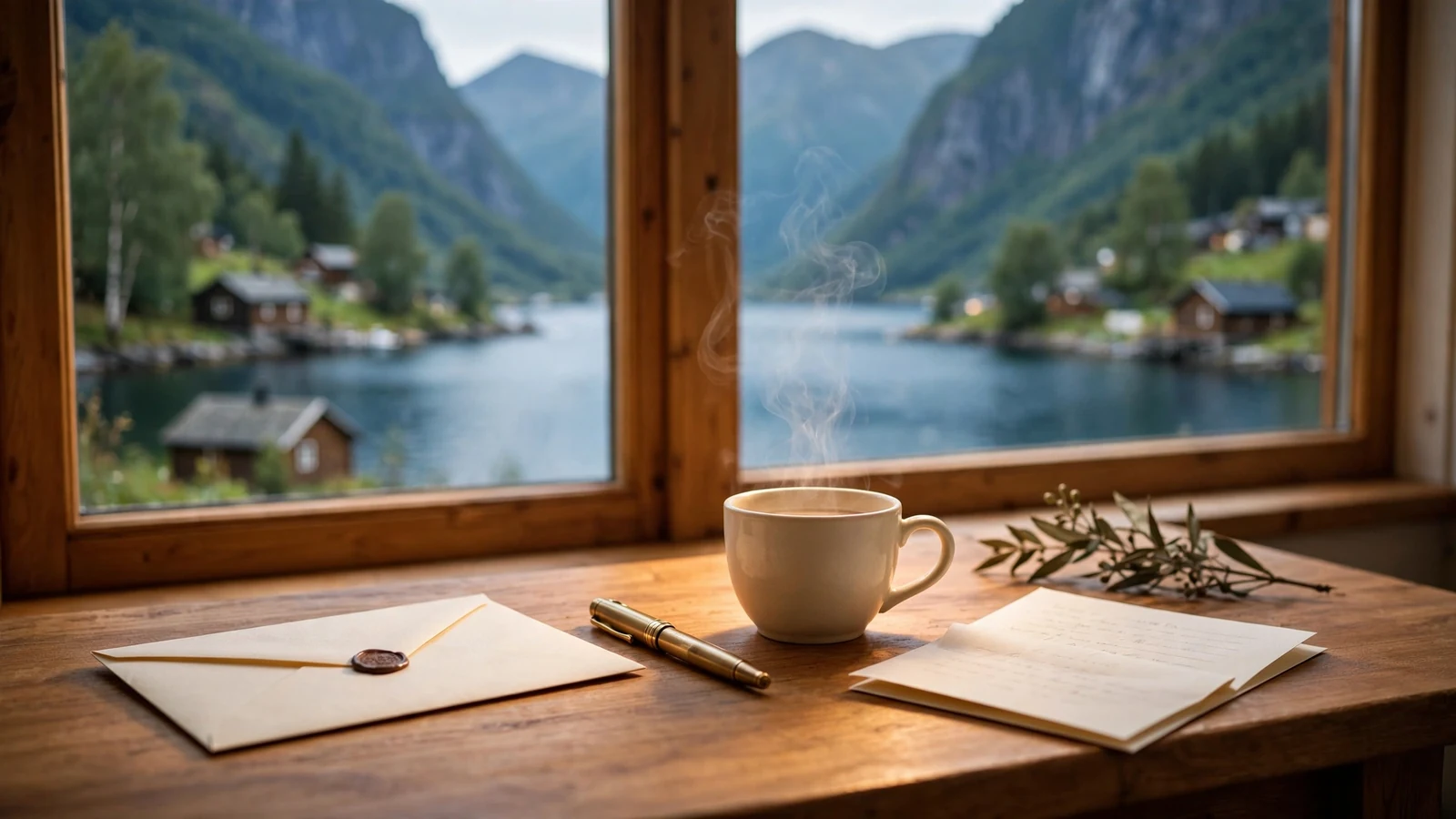 Skrivebord ved norsk fjord med konvolutt, penn og kaffekopp