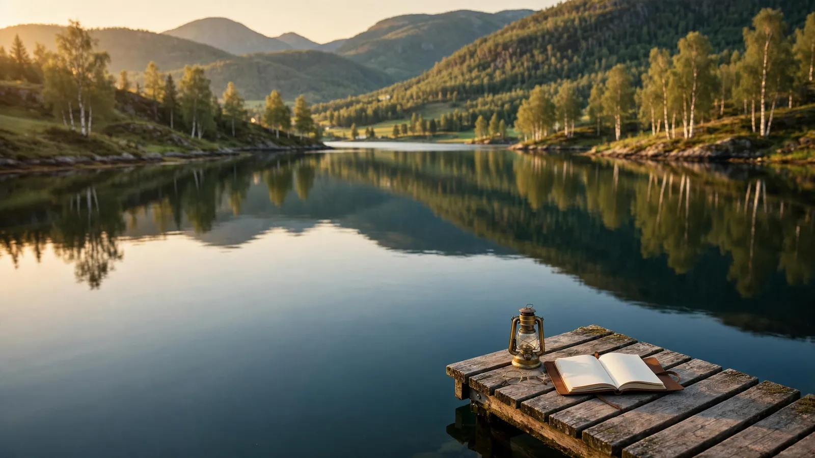 Rolig norsk fjord med brygge, notatbok og briller ved solnedgang