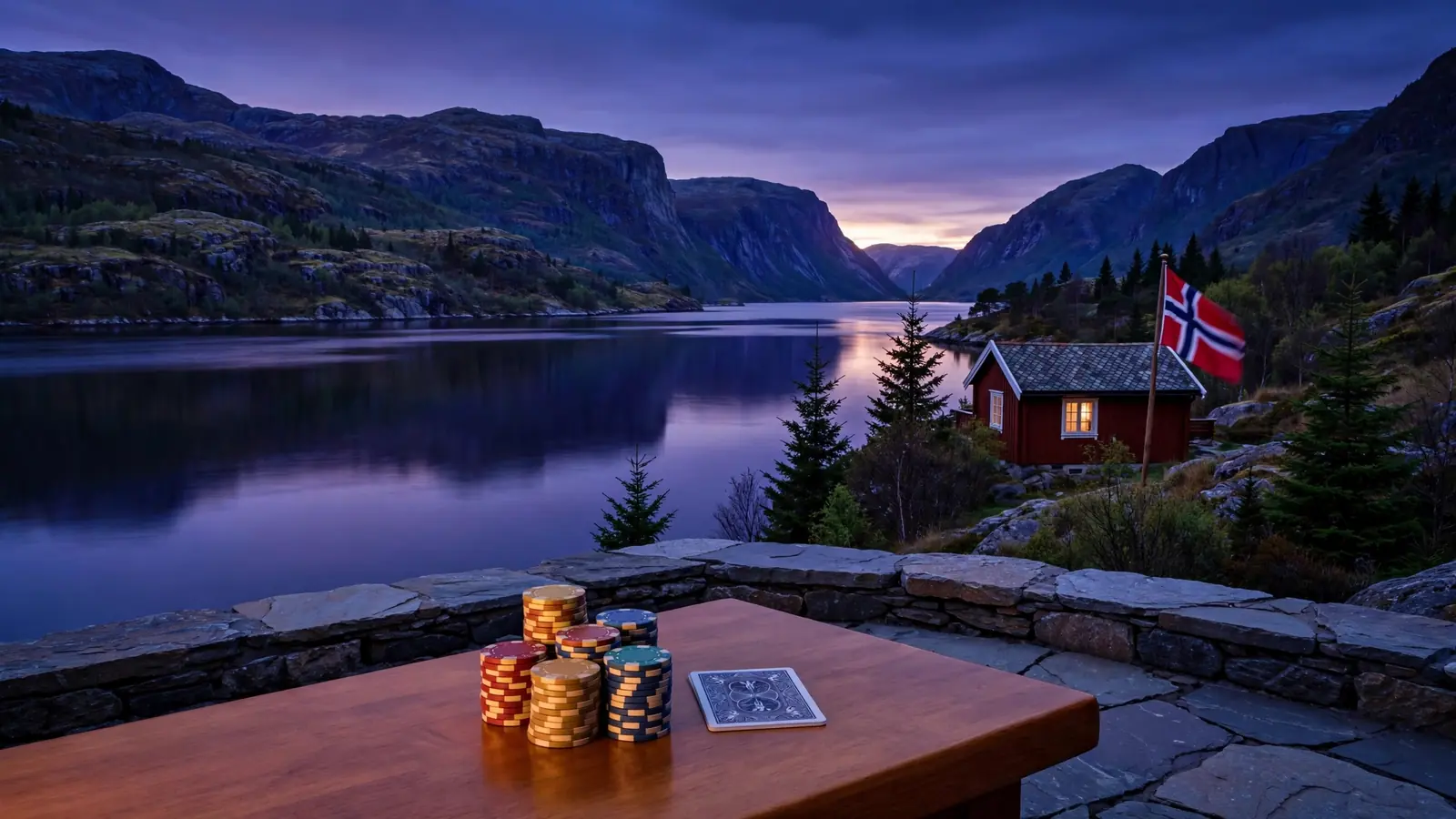 Norsk fjord ved skumring med casinobrikker og kort på et trebord