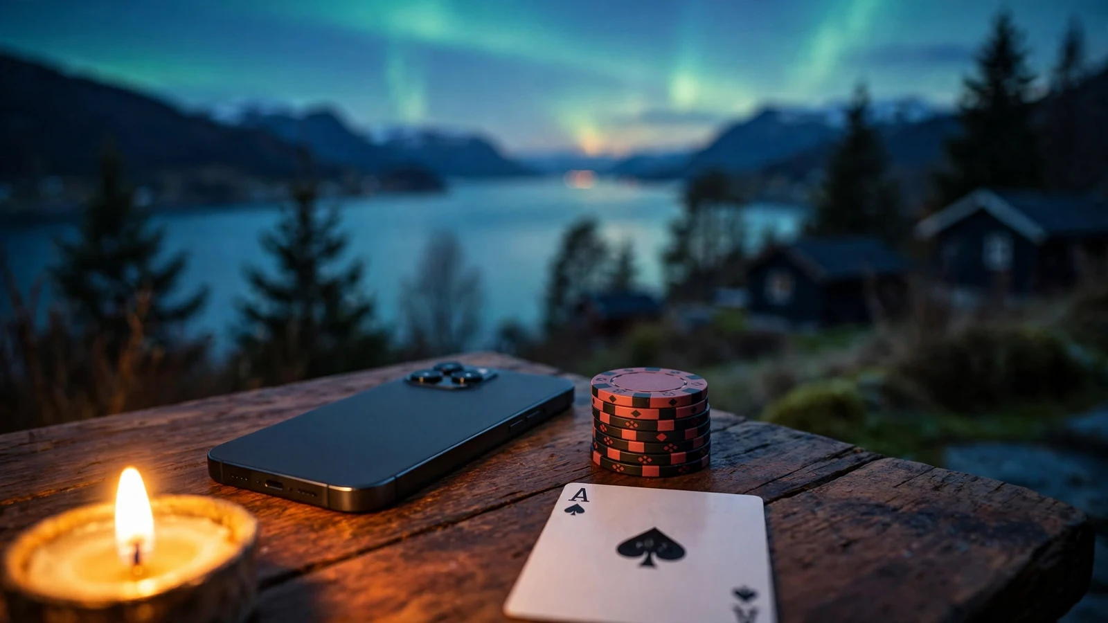 Smarttelefon ved casinobrikker på bord med norsk fjord i skumringen