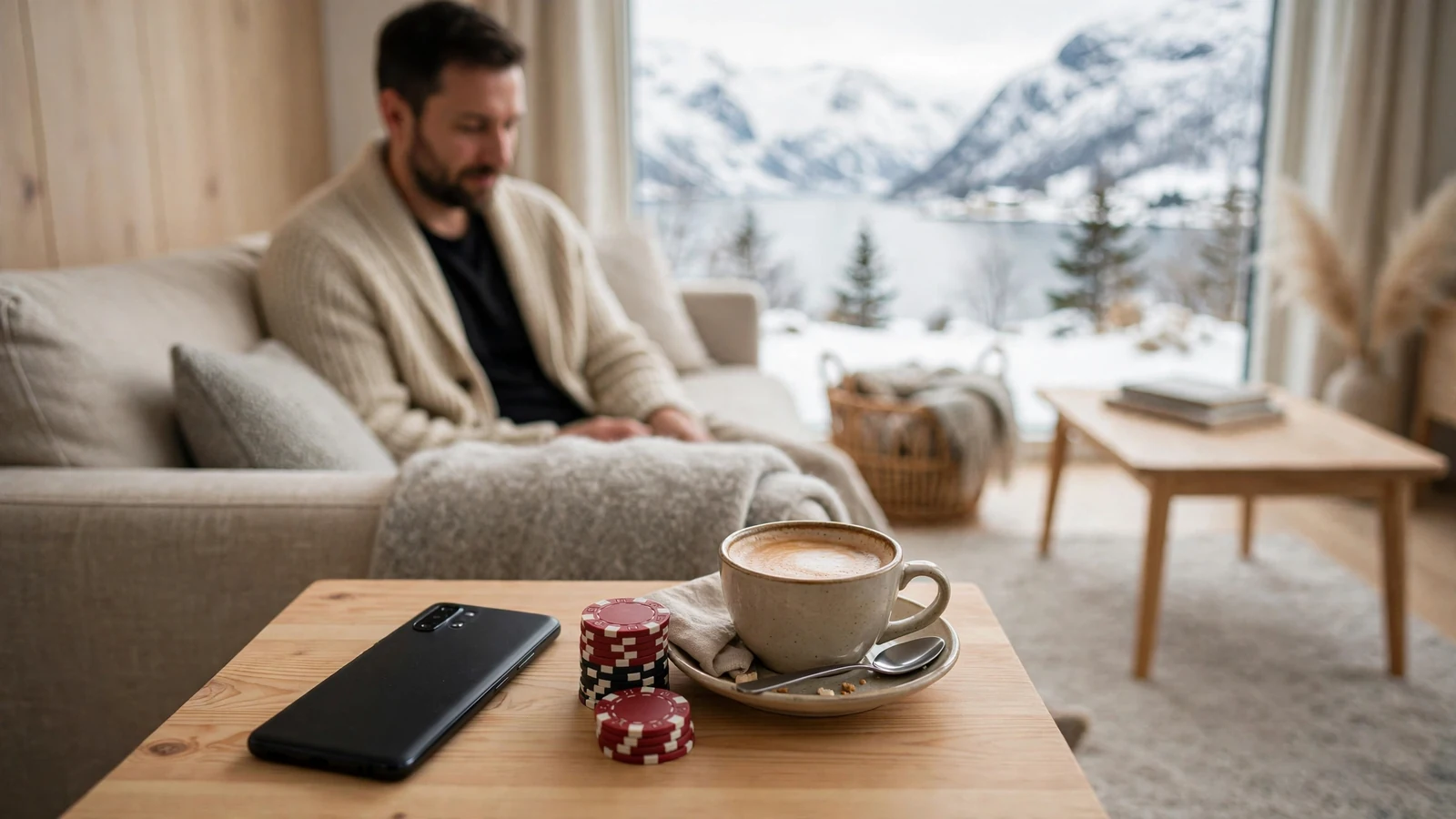 Android-telefon med pokerjetonger i et moderne norsk hjem