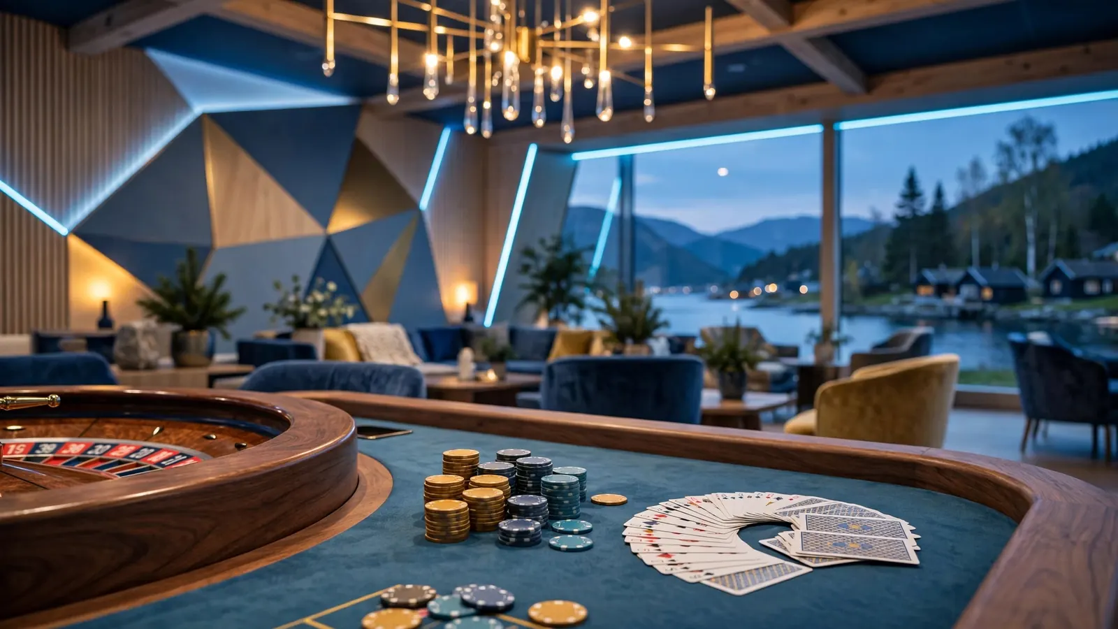 Moderne casinospillbord med rulett og sjetonger i elegant norsk atmosfære