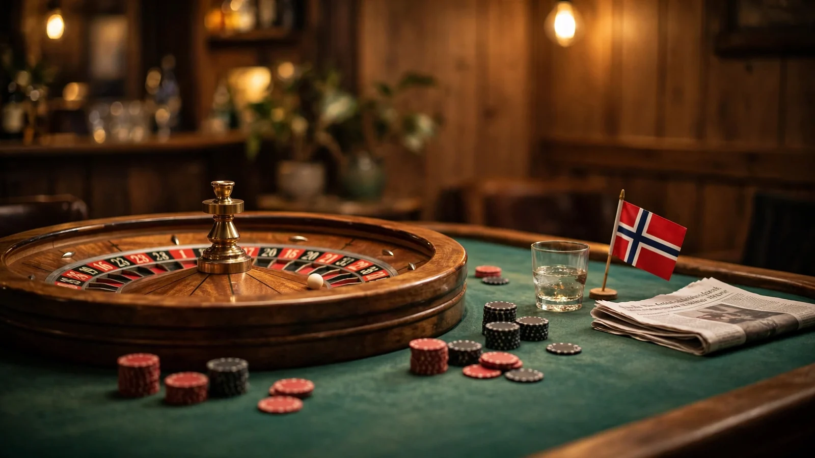 Roulettehjul med jetonger og norsk flagg på casino-bord